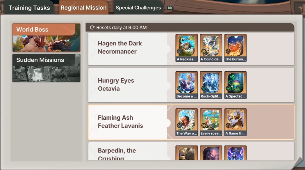 Quadro de atividades diárias de missões regionais em DragonSword: Awakening