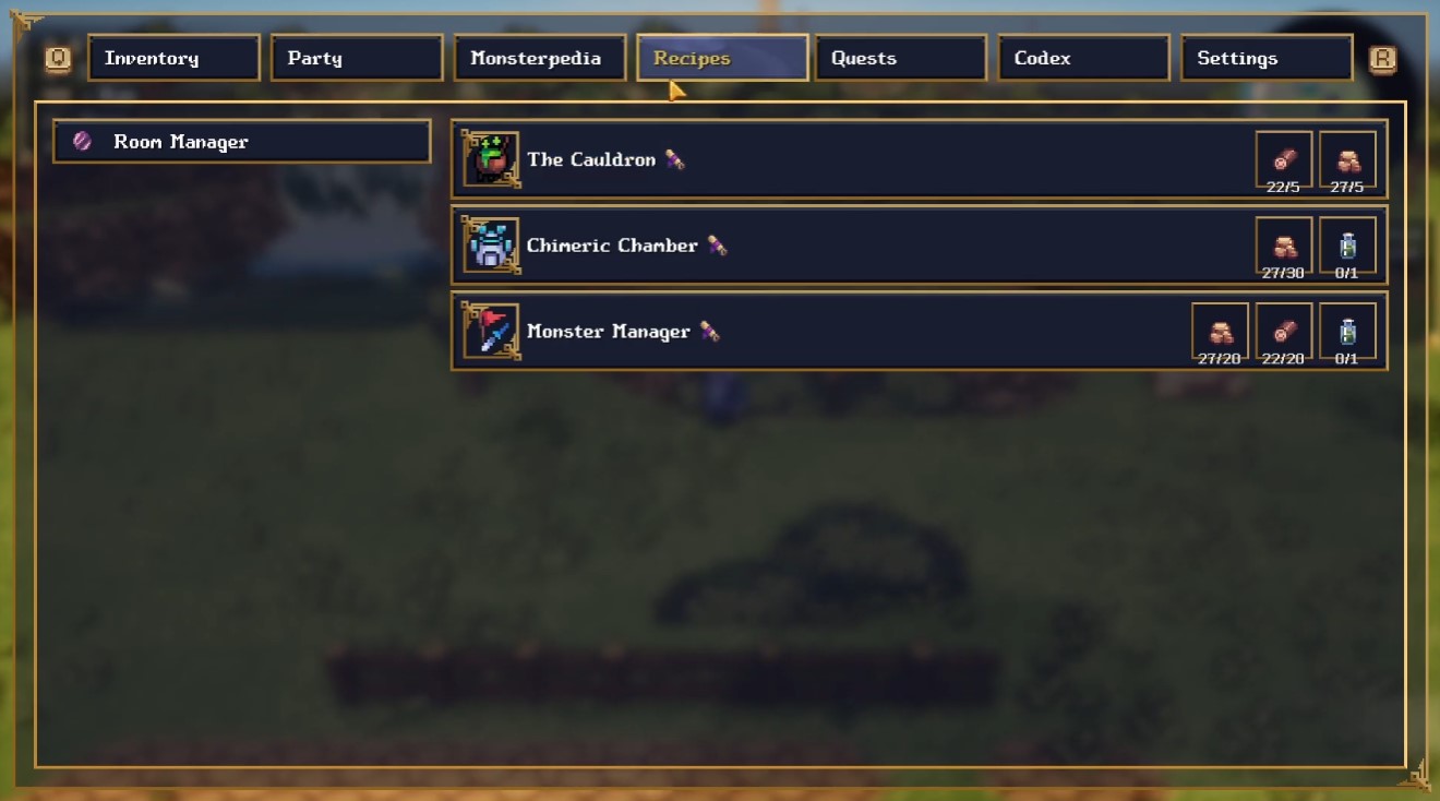 Recipes menu in the Alchemist Tower