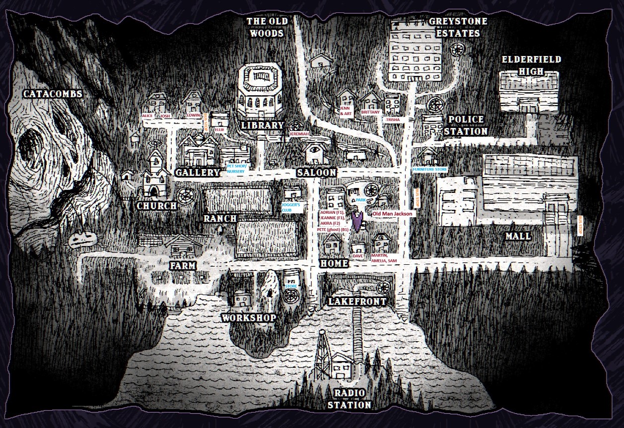 World map with all NPC names labeled — zones and sewer manholes
