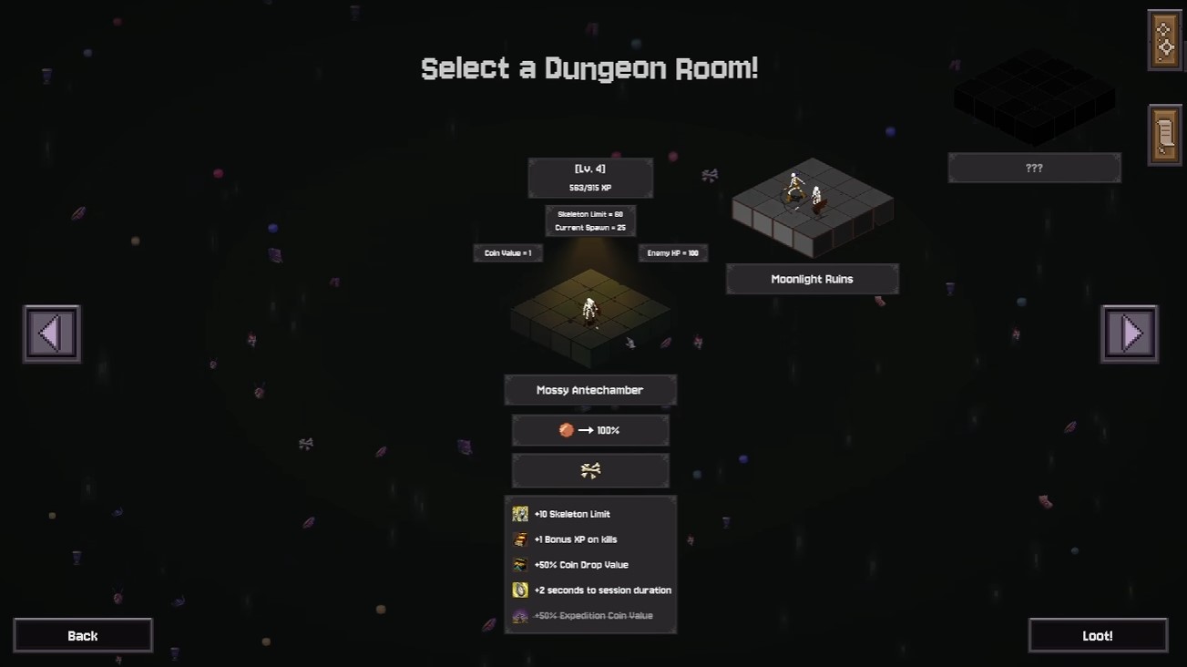 Dungeon room upgrade track — skeleton limit and coin value