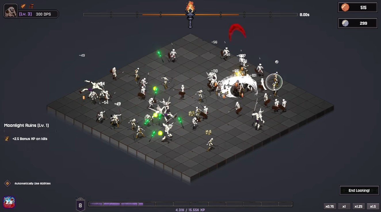 Cursor-hover combat — skeletons attack where you point