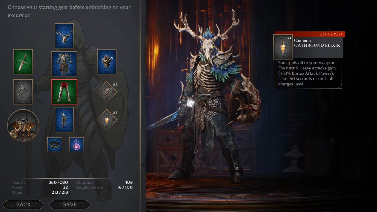 Loadout details screen — armor sets, angel forms, and item slots