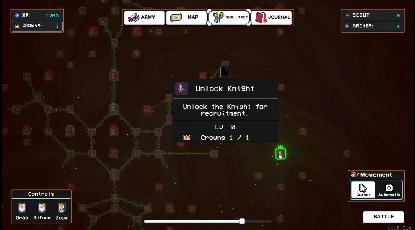 Unlock knight on the skill tree — front-line unit with more HP than scouts