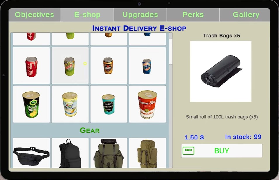 Tablet E-shop — food, bags, tools, upgrades