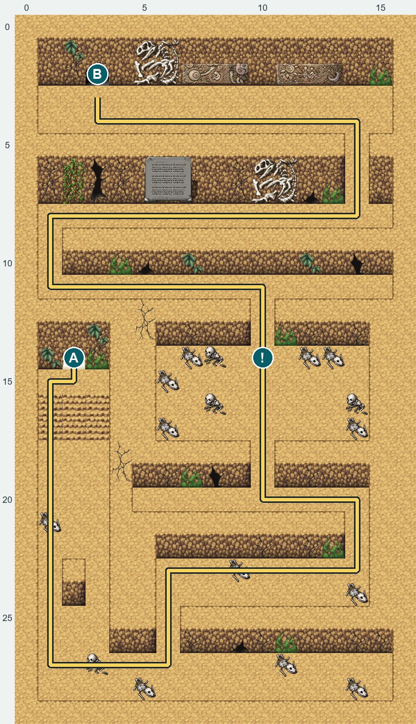 Tunnel chase map — yellow escape, ! trigger