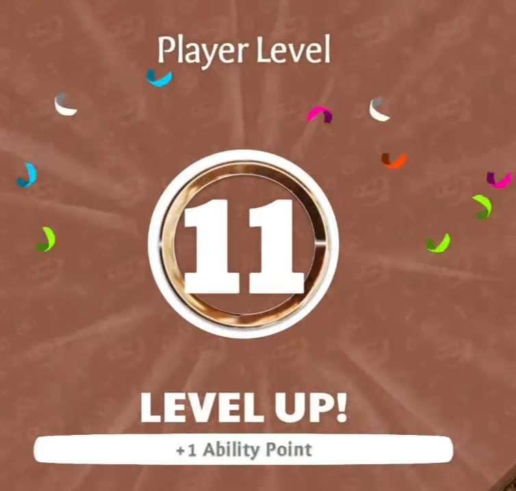 Level-up screen — XP from repairs and sorting