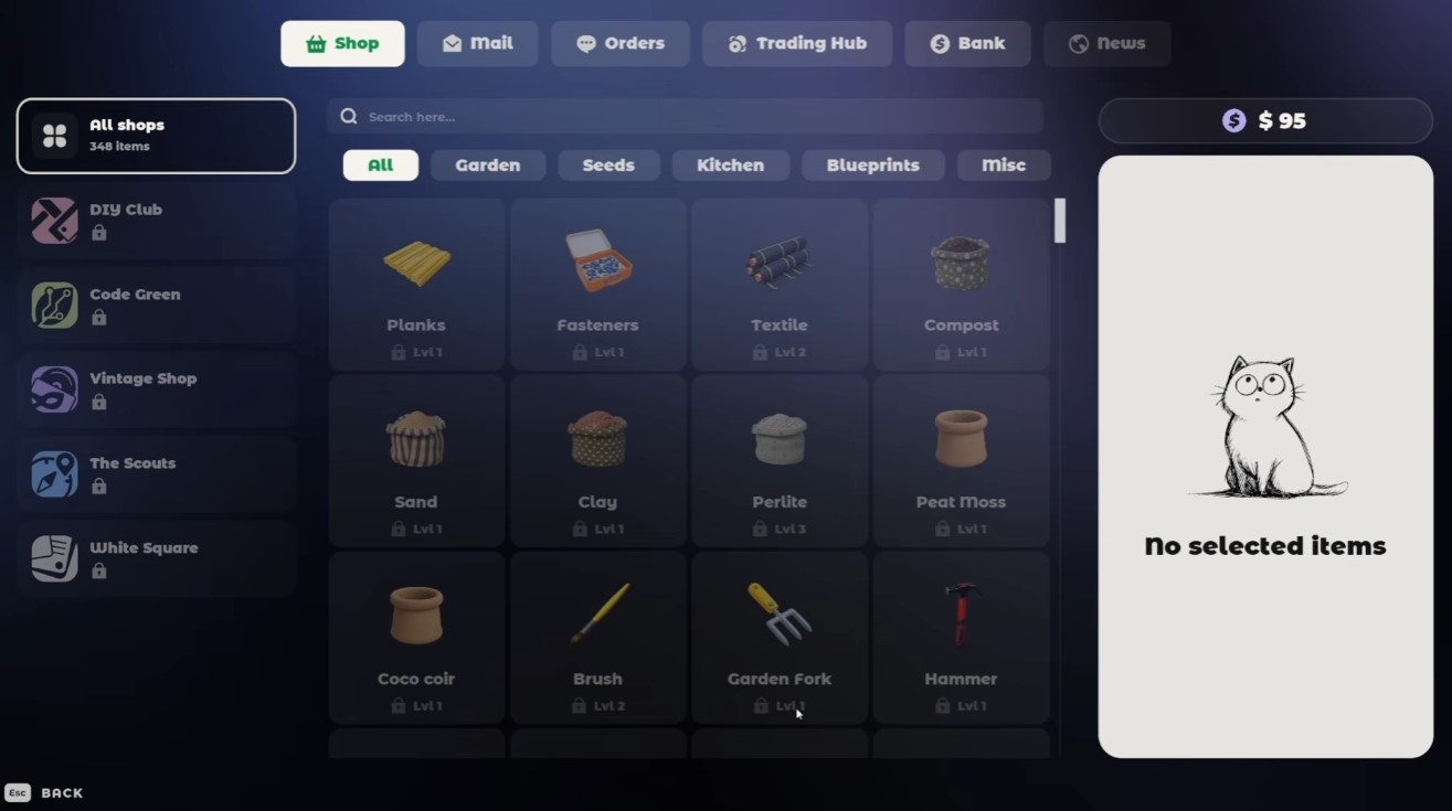 All shop categories on the tablet — seeds, garden, kitchen