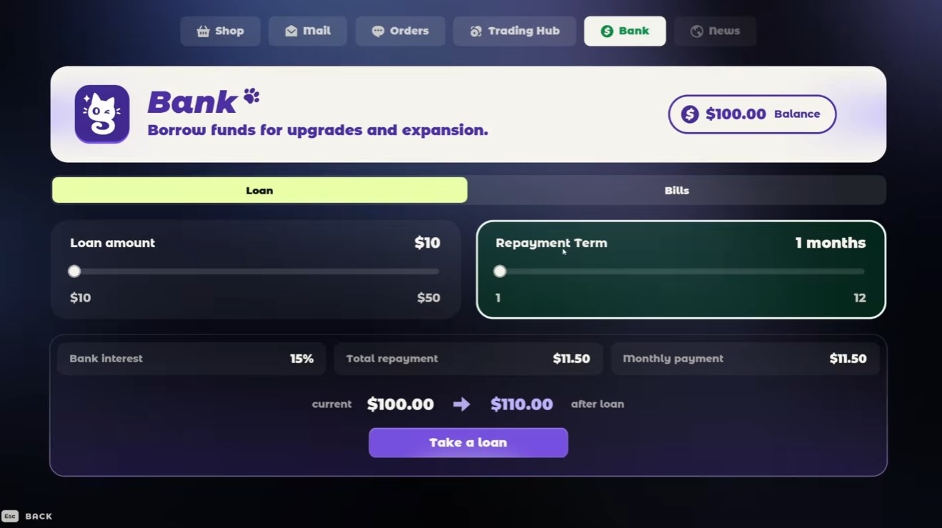 Bank tablet — loan amount and repayment timer
