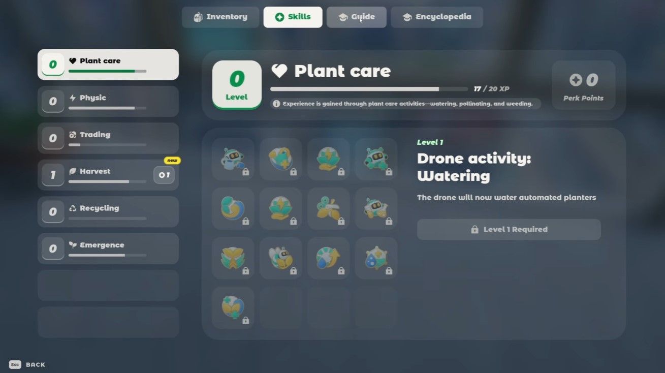 Skills screen — tool and gardening perks