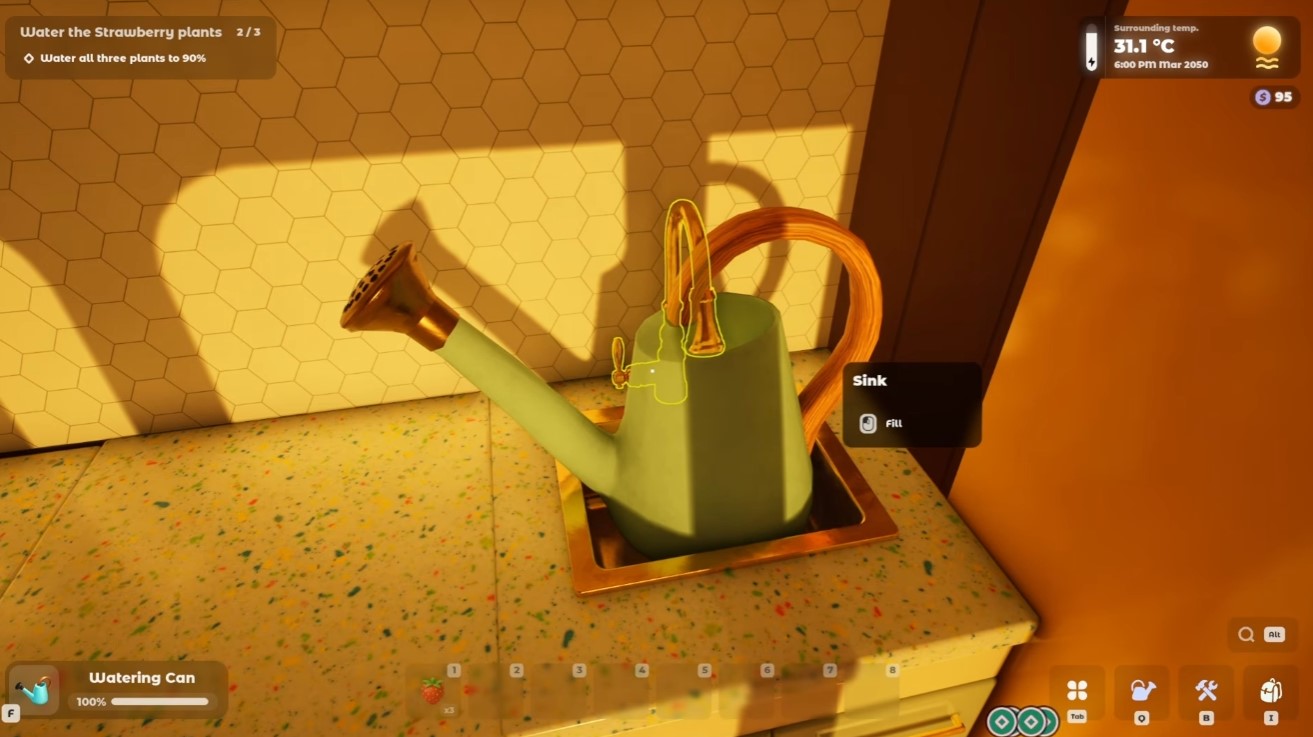 Water the strawberry — hold and sweep the watering can